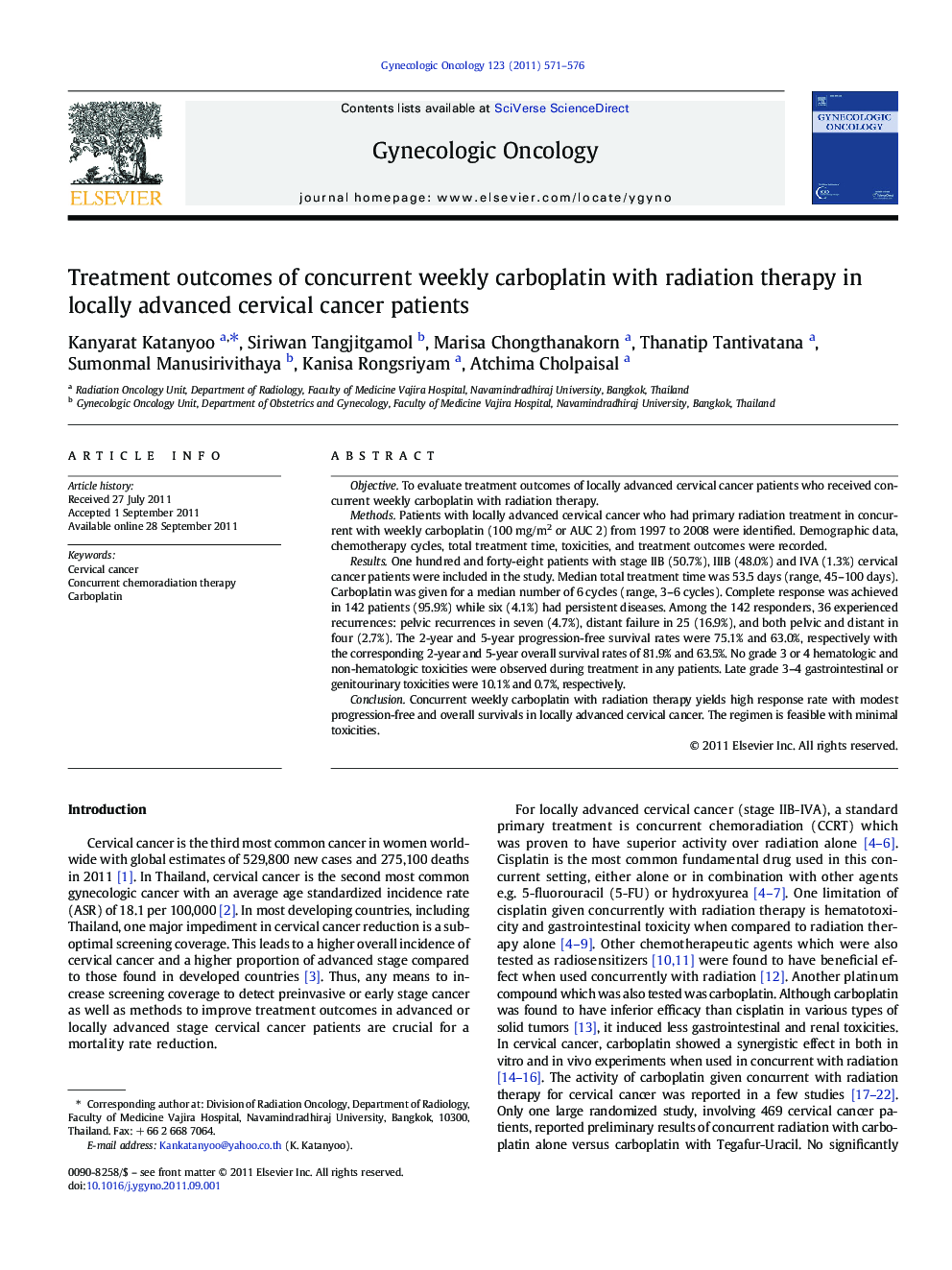 Treatment outcomes of concurrent weekly carboplatin with radiation therapy in locally advanced cervical cancer patients