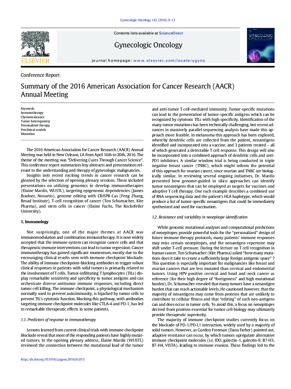 Summary of the 2016 American Association for Cancer Research (AACR) Annual Meeting