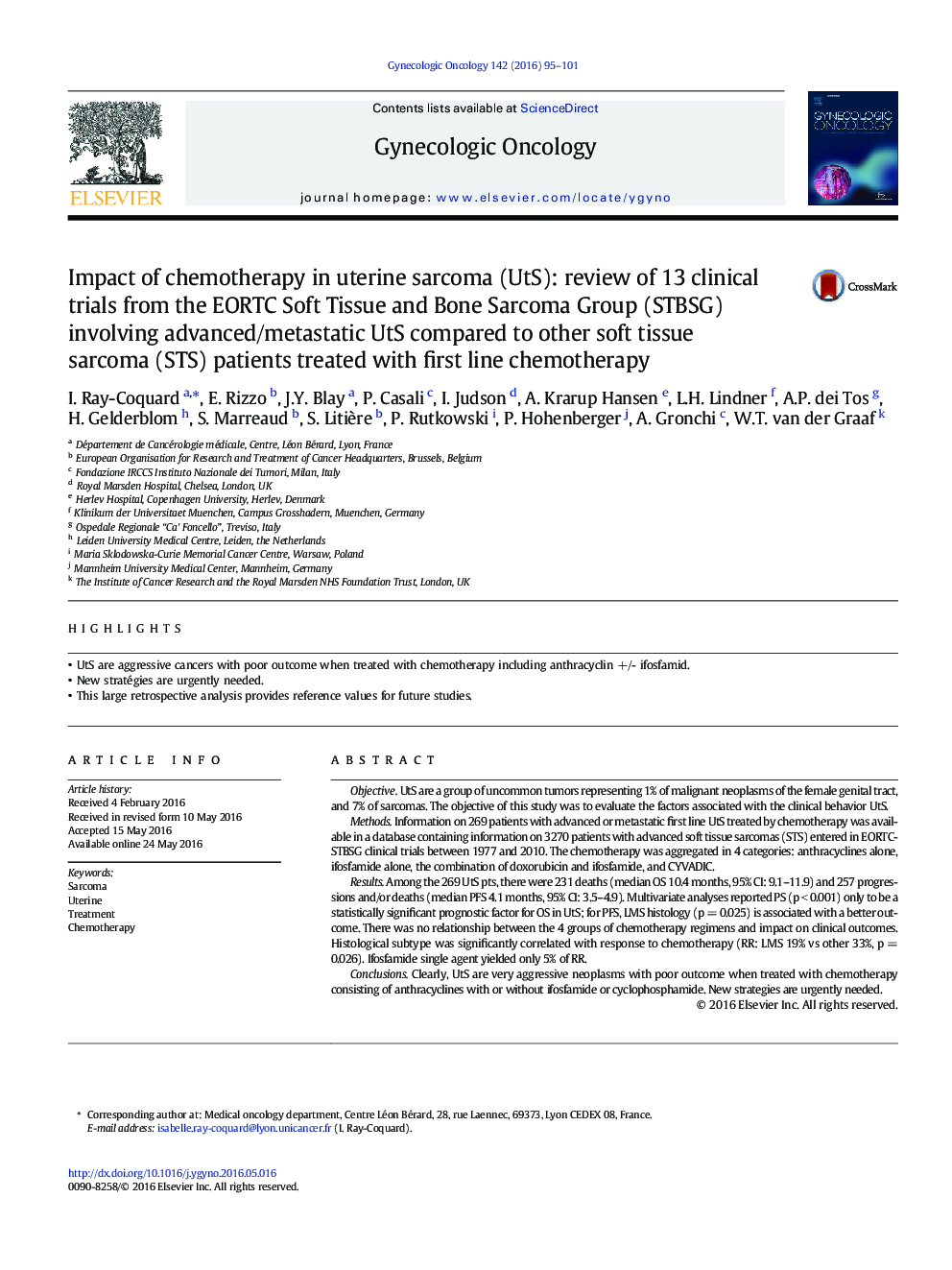 Impact of chemotherapy in uterine sarcoma (UtS): review of 13 clinical trials from the EORTC Soft Tissue and Bone Sarcoma Group (STBSG) involving advanced/metastatic UtS compared to other soft tissue sarcoma (STS) patients treated with first line chemothe