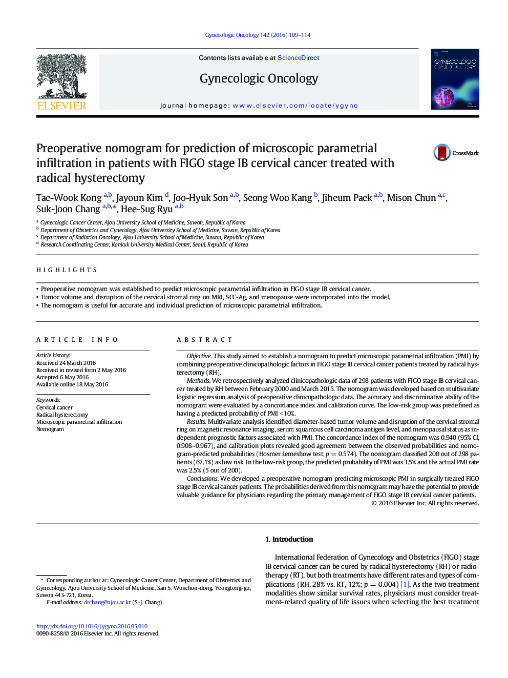 Preoperative nomogram for prediction of microscopic parametrial infiltration in patients with FIGO stage IB cervical cancer treated with radical hysterectomy