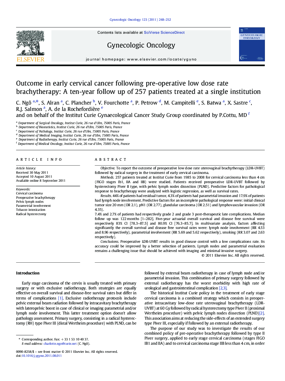 Outcome in early cervical cancer following pre-operative low dose rate brachytherapy: A ten-year follow up of 257 patients treated at a single institution
