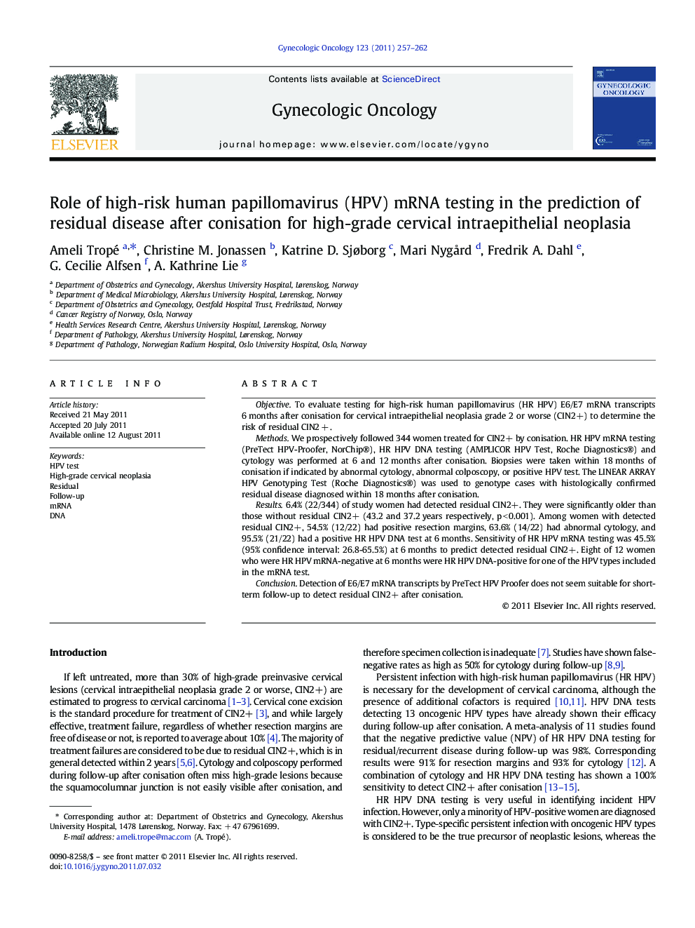 Role of high-risk human papillomavirus (HPV) mRNA testing in the prediction of residual disease after conisation for high-grade cervical intraepithelial neoplasia