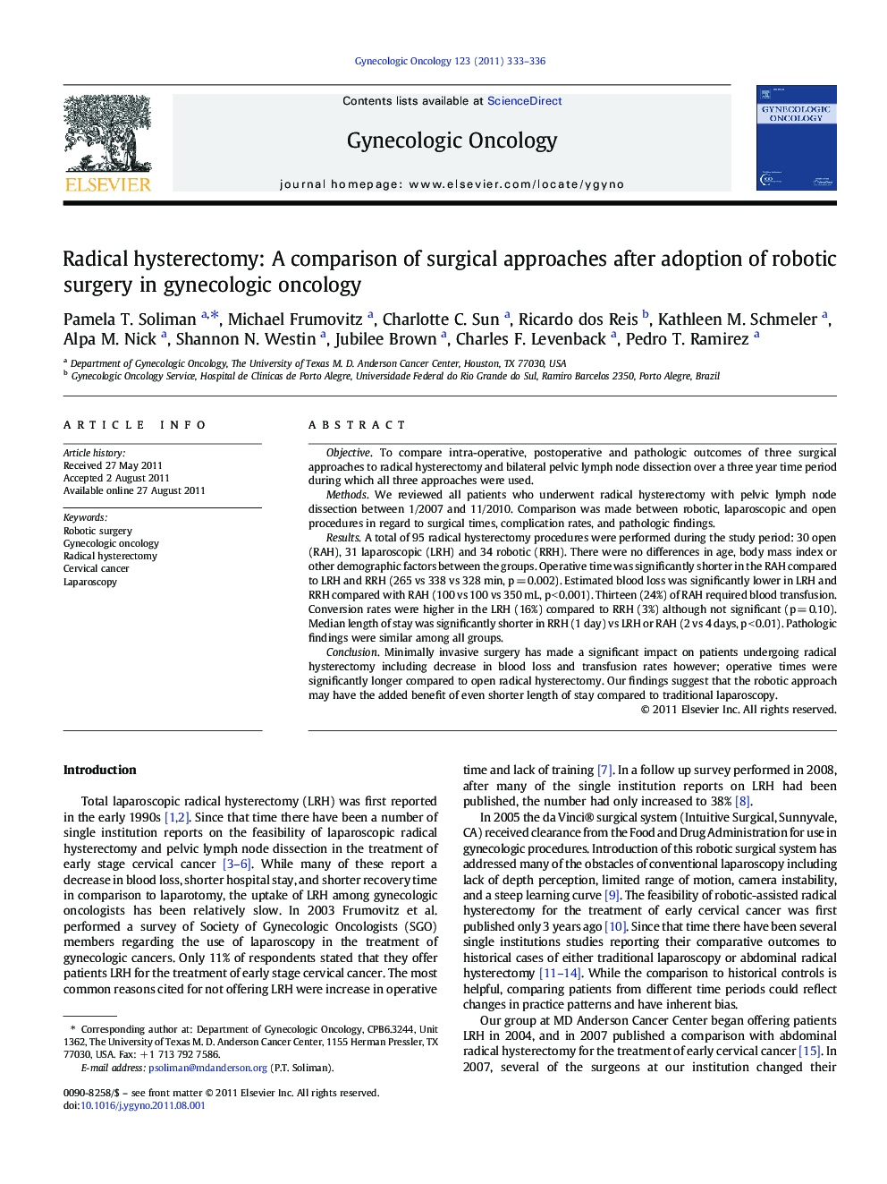 Radical hysterectomy: A comparison of surgical approaches after adoption of robotic surgery in gynecologic oncology