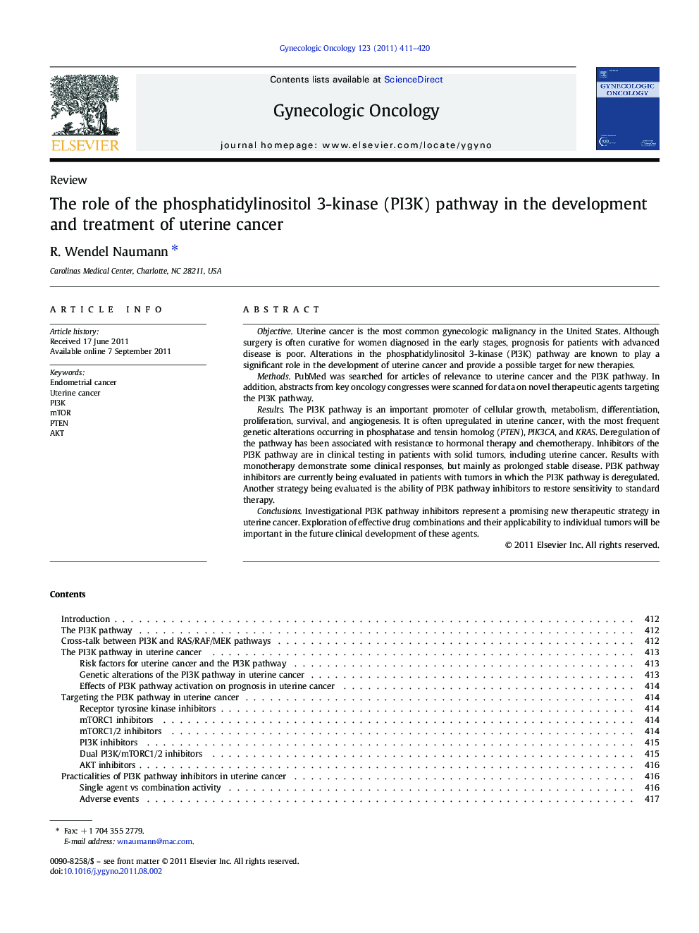 The role of the phosphatidylinositol 3-kinase (PI3K) pathway in the development and treatment of uterine cancer