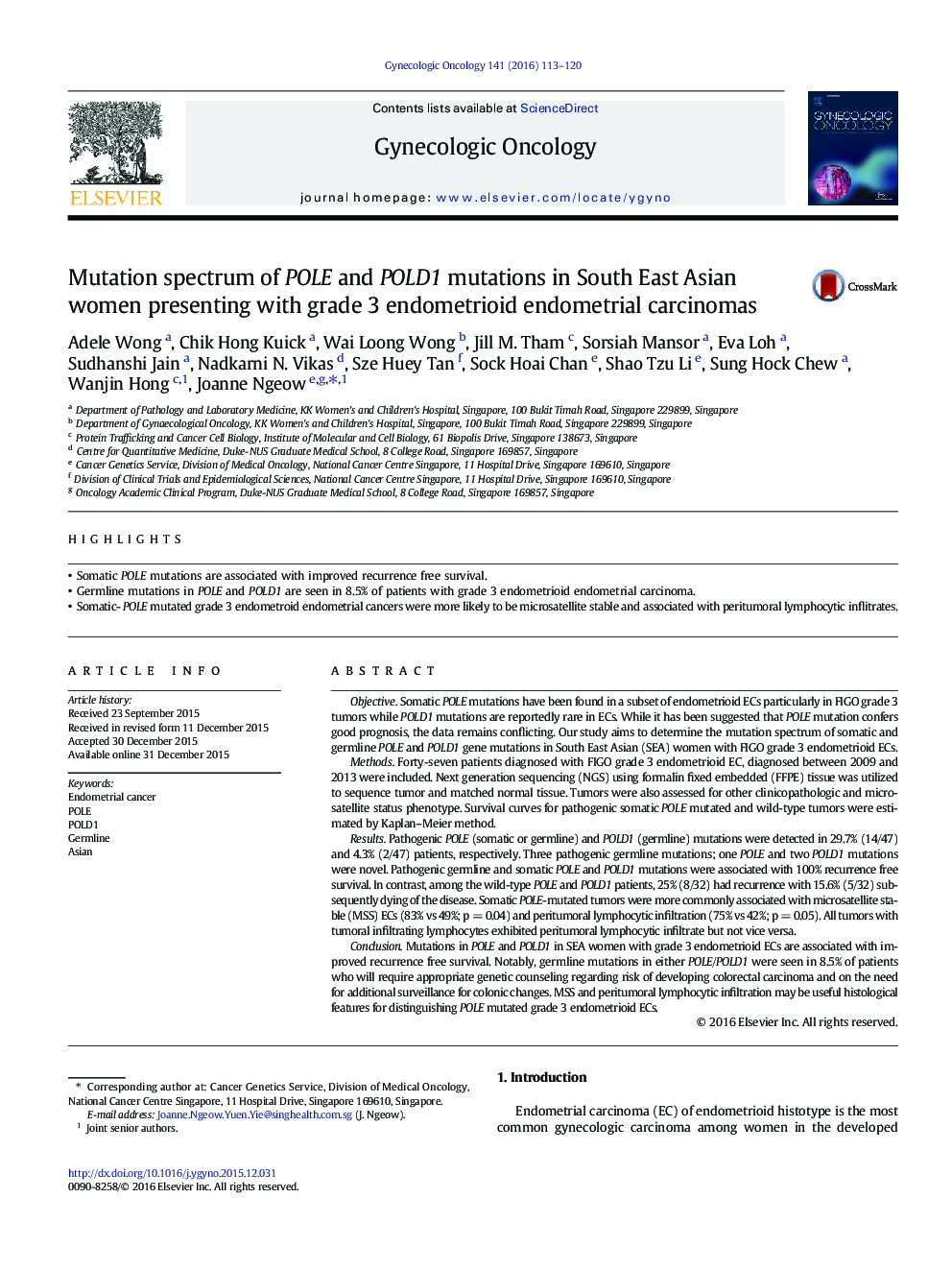 Mutation spectrum of POLE and POLD1 mutations in South East Asian women presenting with grade 3 endometrioid endometrial carcinomas