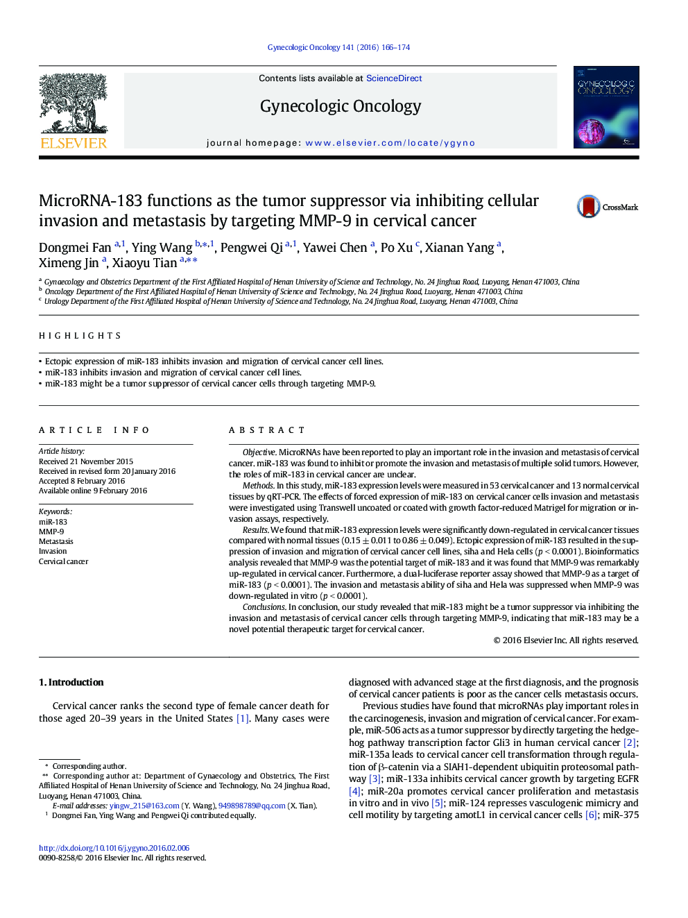 MicroRNA-183 functions as the tumor suppressor via inhibiting cellular invasion and metastasis by targeting MMP-9 in cervical cancer