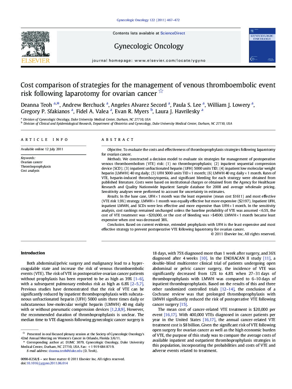 Cost comparison of strategies for the management of venous thromboembolic event risk following laparotomy for ovarian cancer 