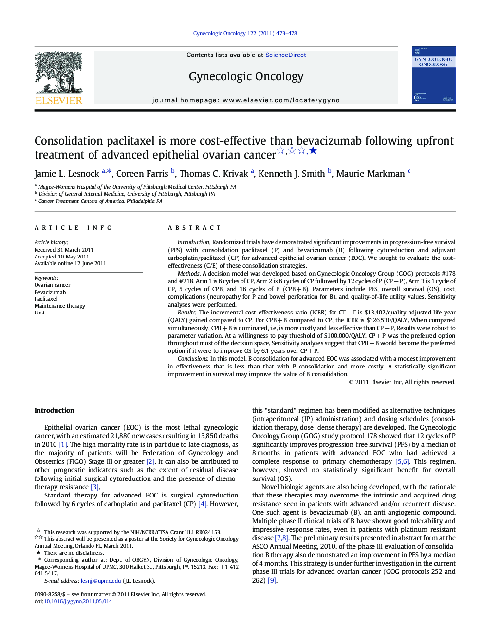 Consolidation paclitaxel is more cost-effective than bevacizumab following upfront treatment of advanced epithelial ovarian cancer ★