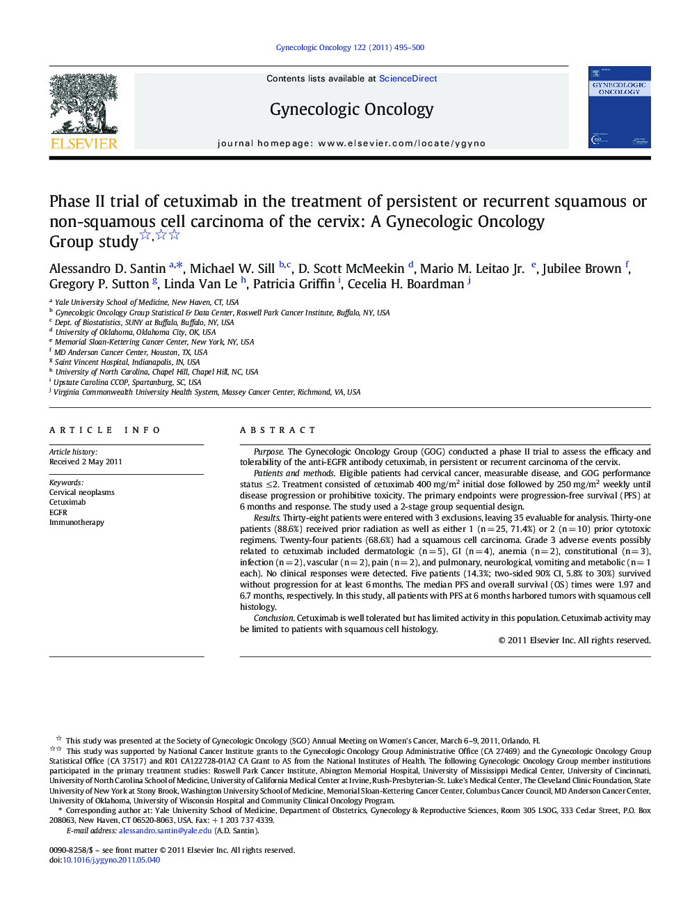 Phase II trial of cetuximab in the treatment of persistent or recurrent squamous or non-squamous cell carcinoma of the cervix: A Gynecologic Oncology Group study 