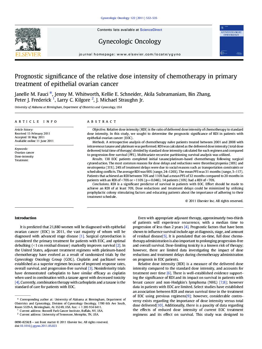 Prognostic significance of the relative dose intensity of chemotherapy in primary treatment of epithelial ovarian cancer