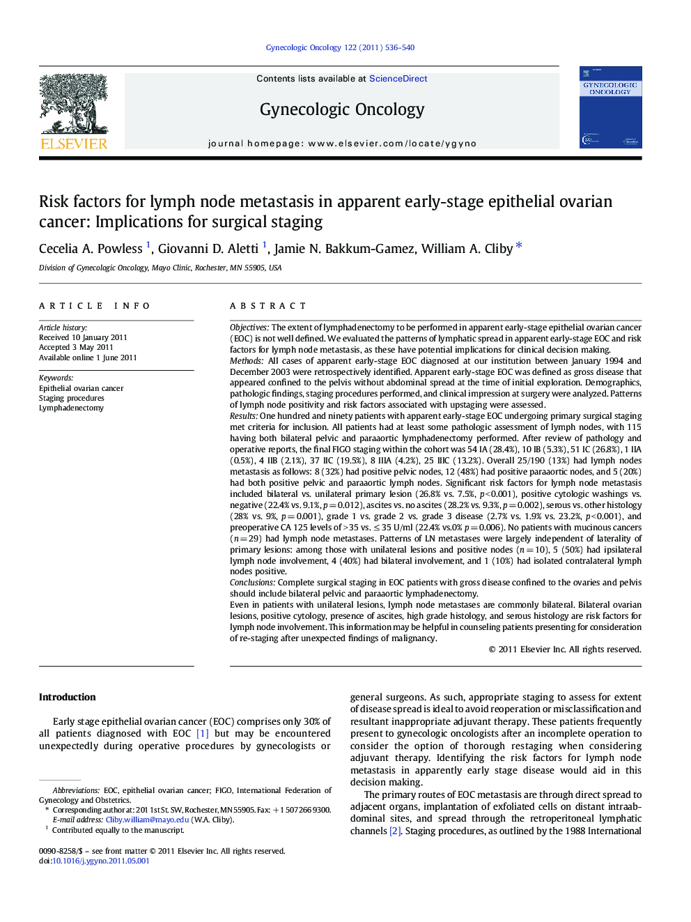 Risk factors for lymph node metastasis in apparent early-stage epithelial ovarian cancer: Implications for surgical staging