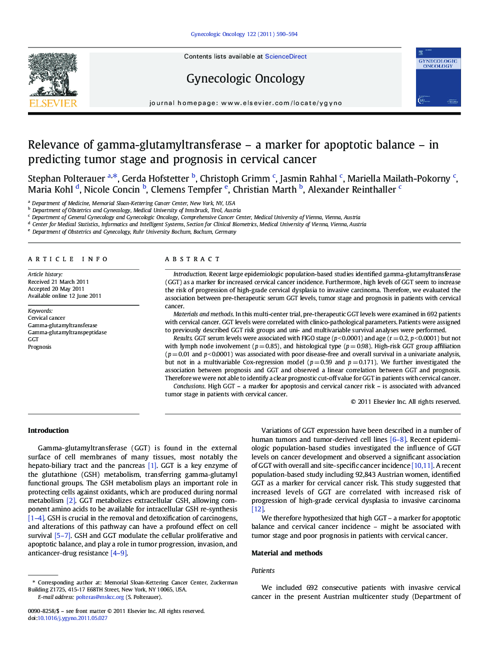 Relevance of gamma-glutamyltransferase – a marker for apoptotic balance – in predicting tumor stage and prognosis in cervical cancer