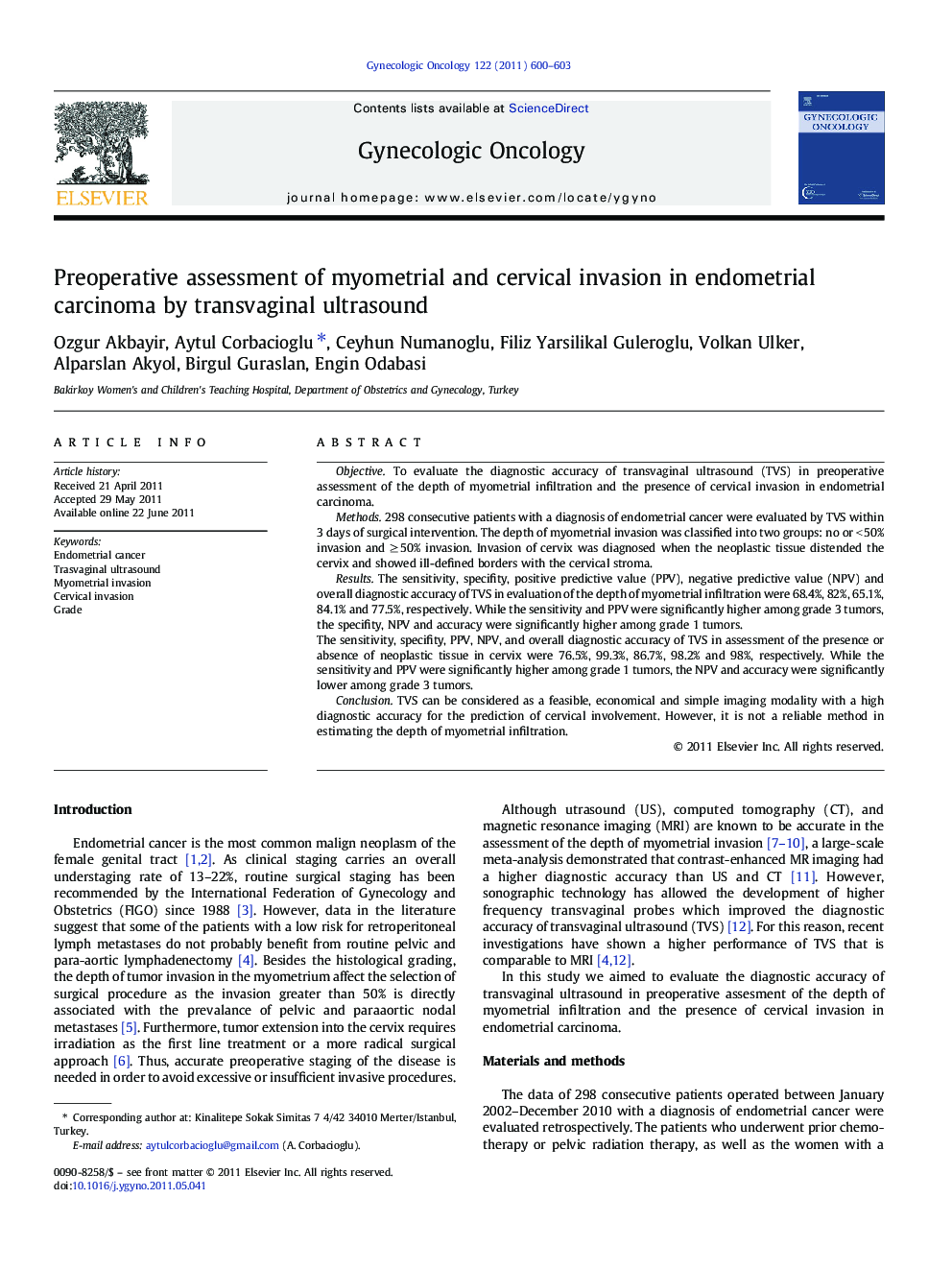 Preoperative assessment of myometrial and cervical invasion in endometrial carcinoma by transvaginal ultrasound