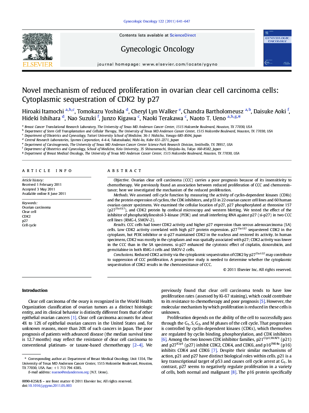 Novel mechanism of reduced proliferation in ovarian clear cell carcinoma cells: Cytoplasmic sequestration of CDK2 by p27