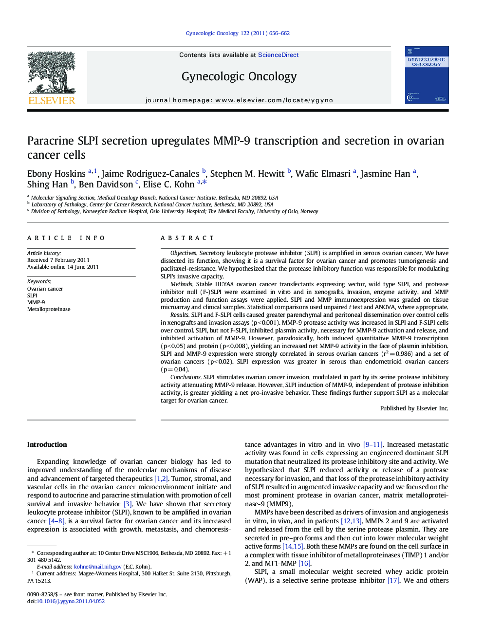 Paracrine SLPI secretion upregulates MMP-9 transcription and secretion in ovarian cancer cells