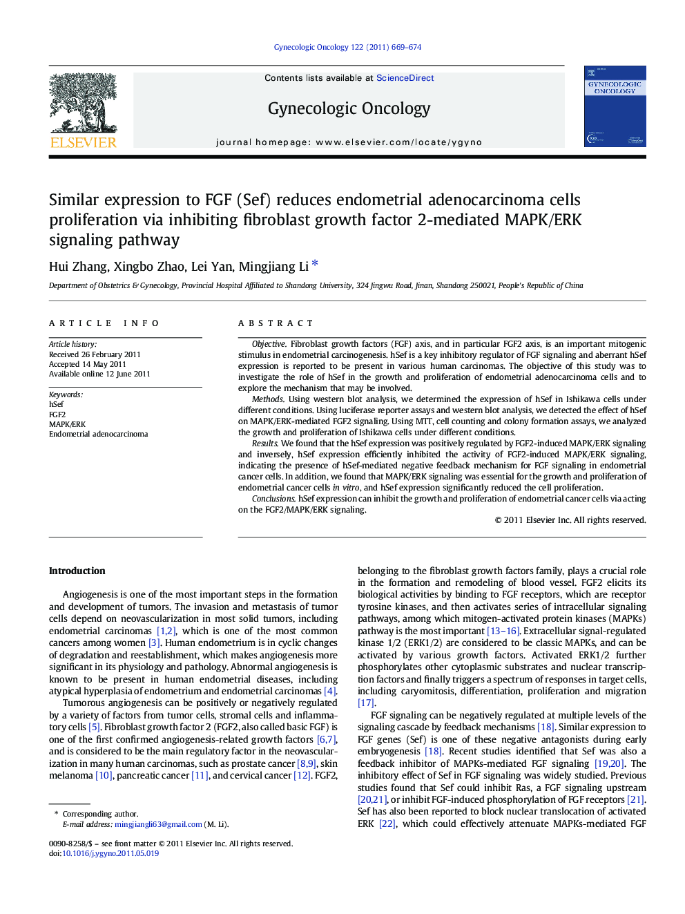 Similar expression to FGF (Sef) reduces endometrial adenocarcinoma cells proliferation via inhibiting fibroblast growth factor 2-mediated MAPK/ERK signaling pathway