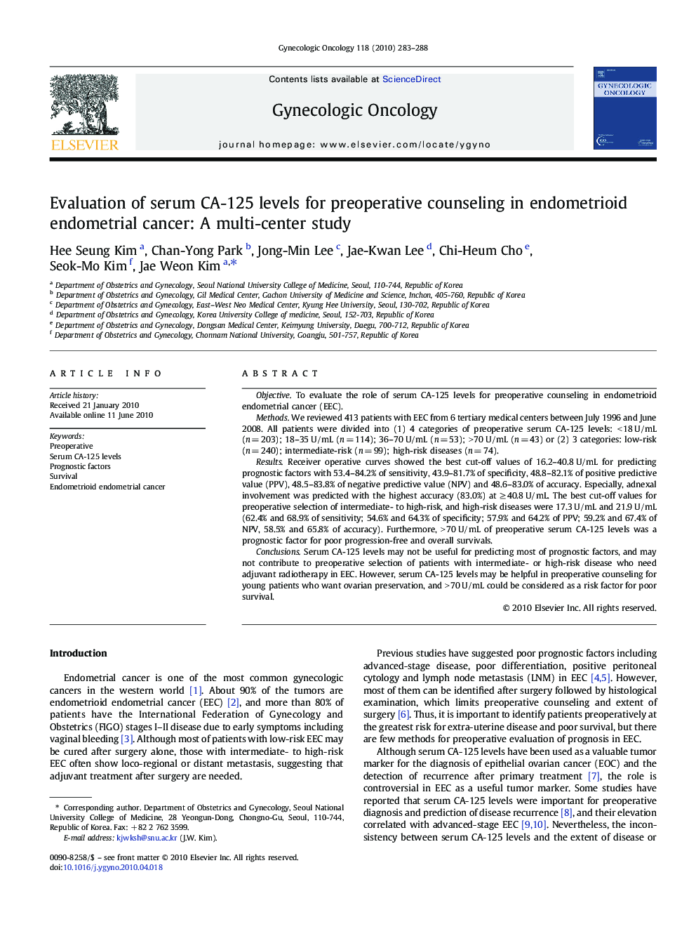 Evaluation of serum CA-125 levels for preoperative counseling in endometrioid endometrial cancer: A multi-center study