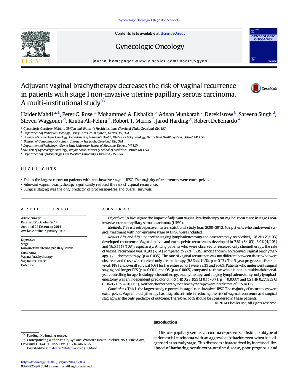 Adjuvant vaginal brachytherapy decreases the risk of vaginal recurrence in patients with stage I non-invasive uterine papillary serous carcinoma. A multi-institutional study 