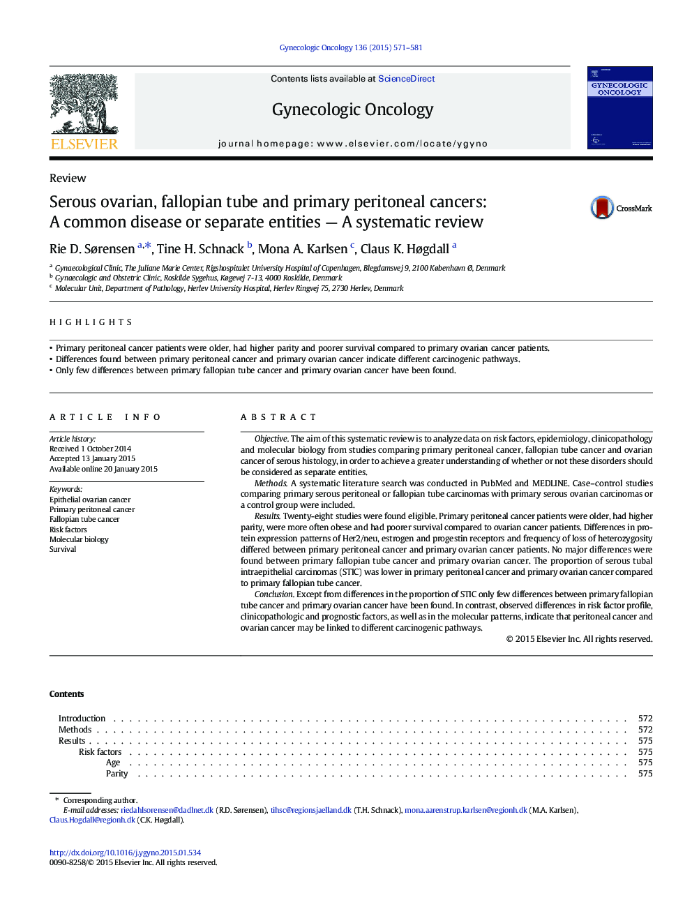 Serous ovarian, fallopian tube and primary peritoneal cancers: A common disease or separate entities — A systematic review