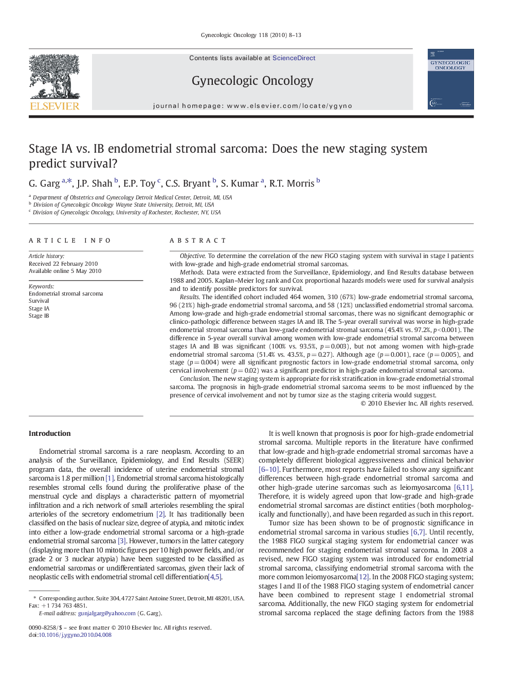 Stage IA vs. IB endometrial stromal sarcoma: Does the new staging system predict survival?