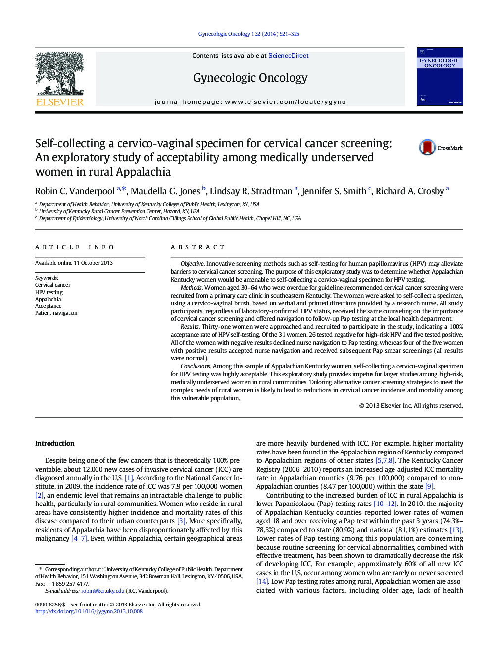 Self-collecting a cervico-vaginal specimen for cervical cancer screening: An exploratory study of acceptability among medically underserved women in rural Appalachia