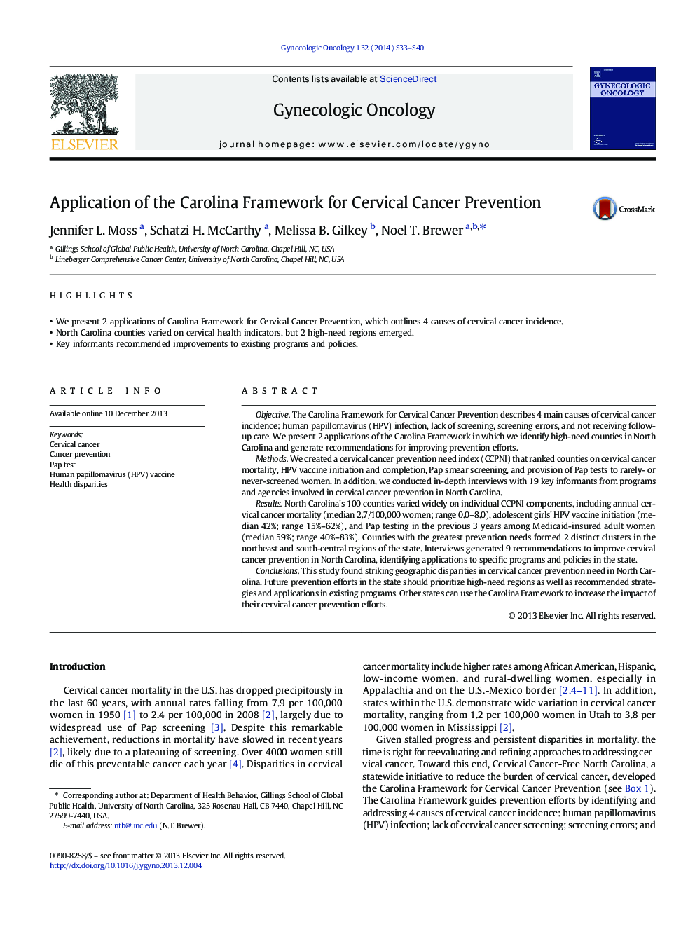 Application of the Carolina Framework for Cervical Cancer Prevention