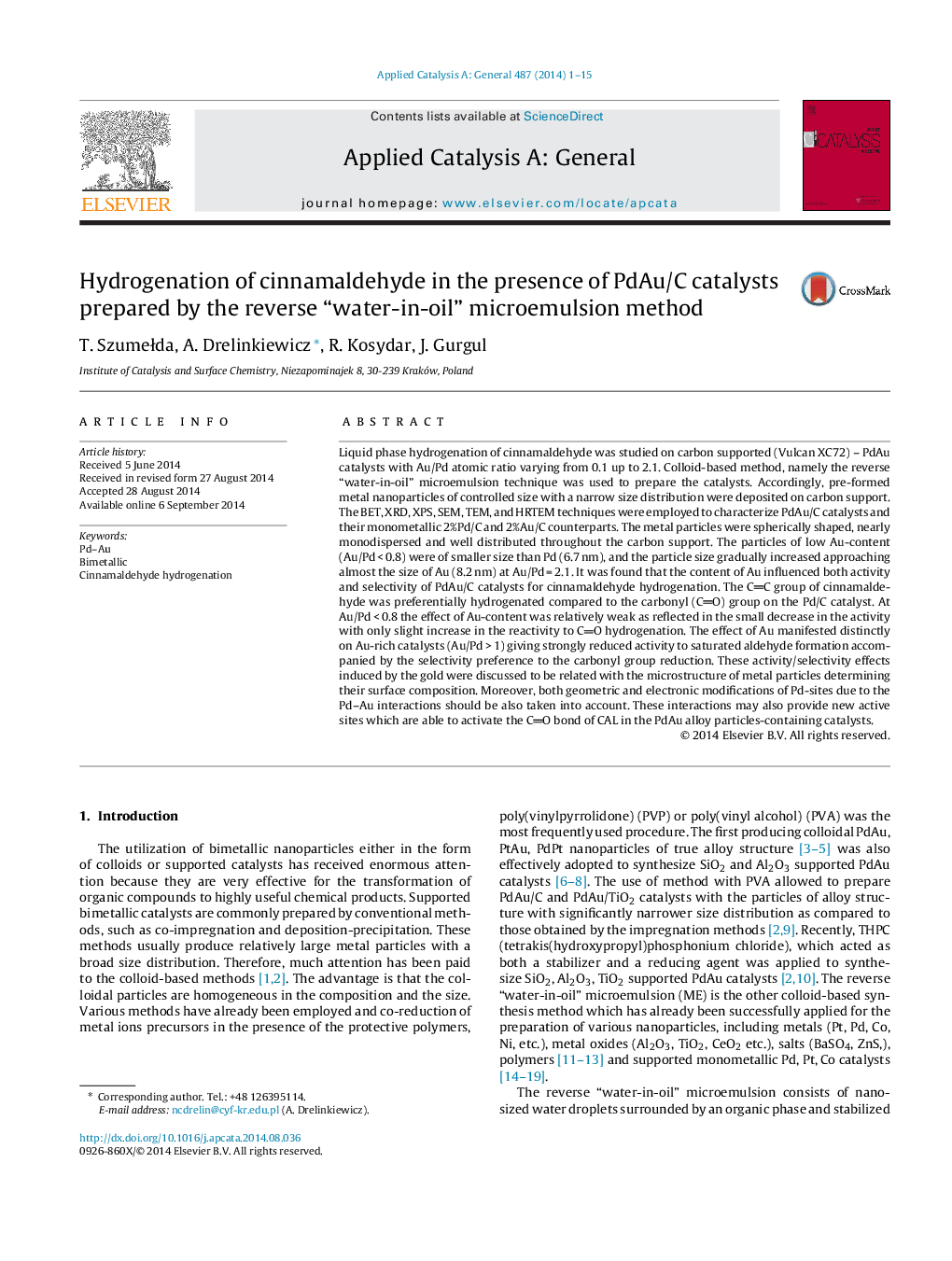 Hydrogenation of cinnamaldehyde in the presence of PdAu/C catalysts prepared by the reverse “water-in-oil” microemulsion method