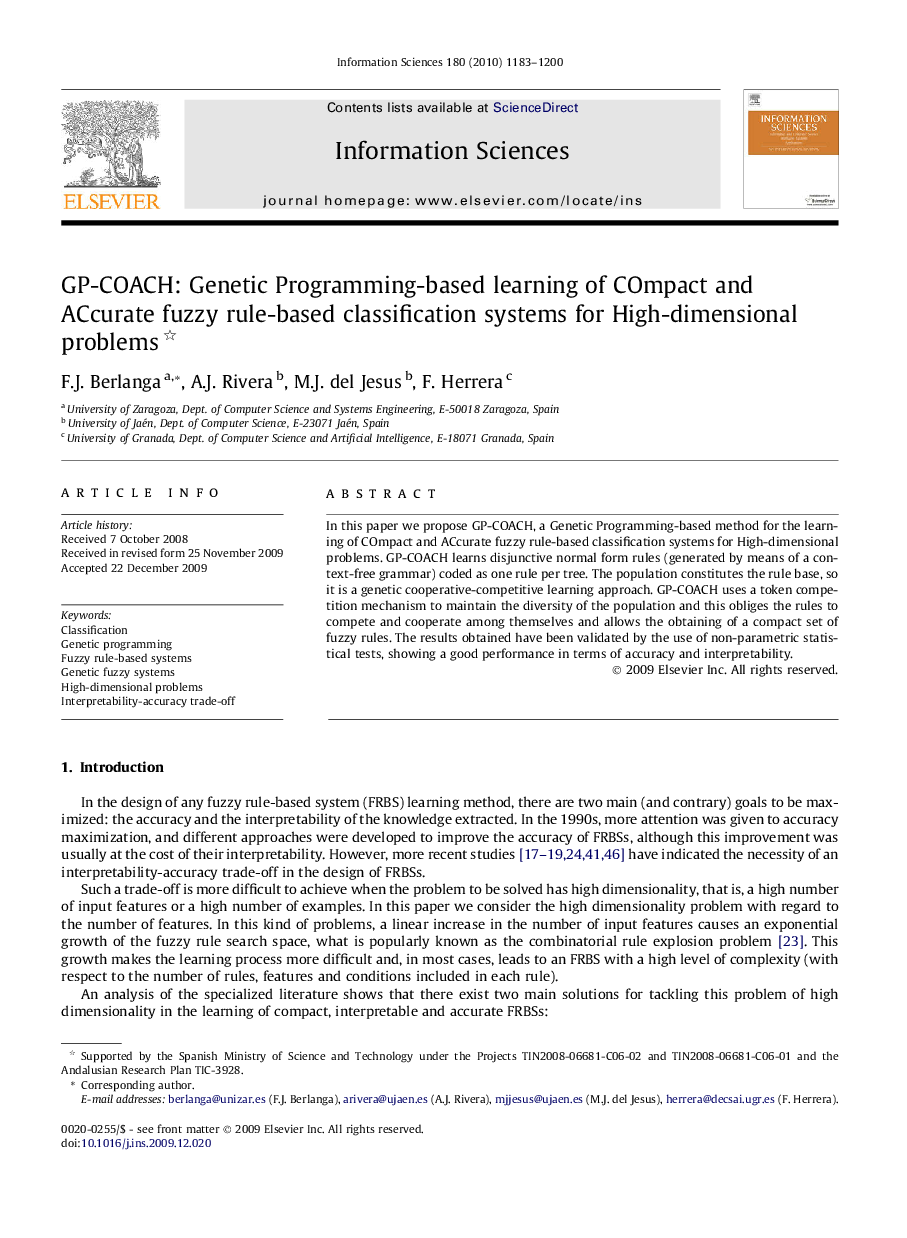 GP-COACH: Genetic Programming-based learning of COmpact and ACcurate fuzzy rule-based classification systems for High-dimensional problems 