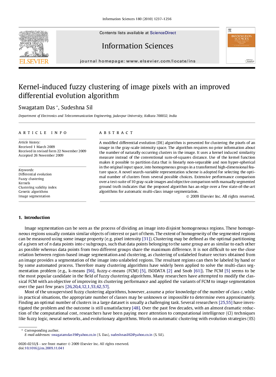 Kernel-induced fuzzy clustering of image pixels with an improved differential evolution algorithm