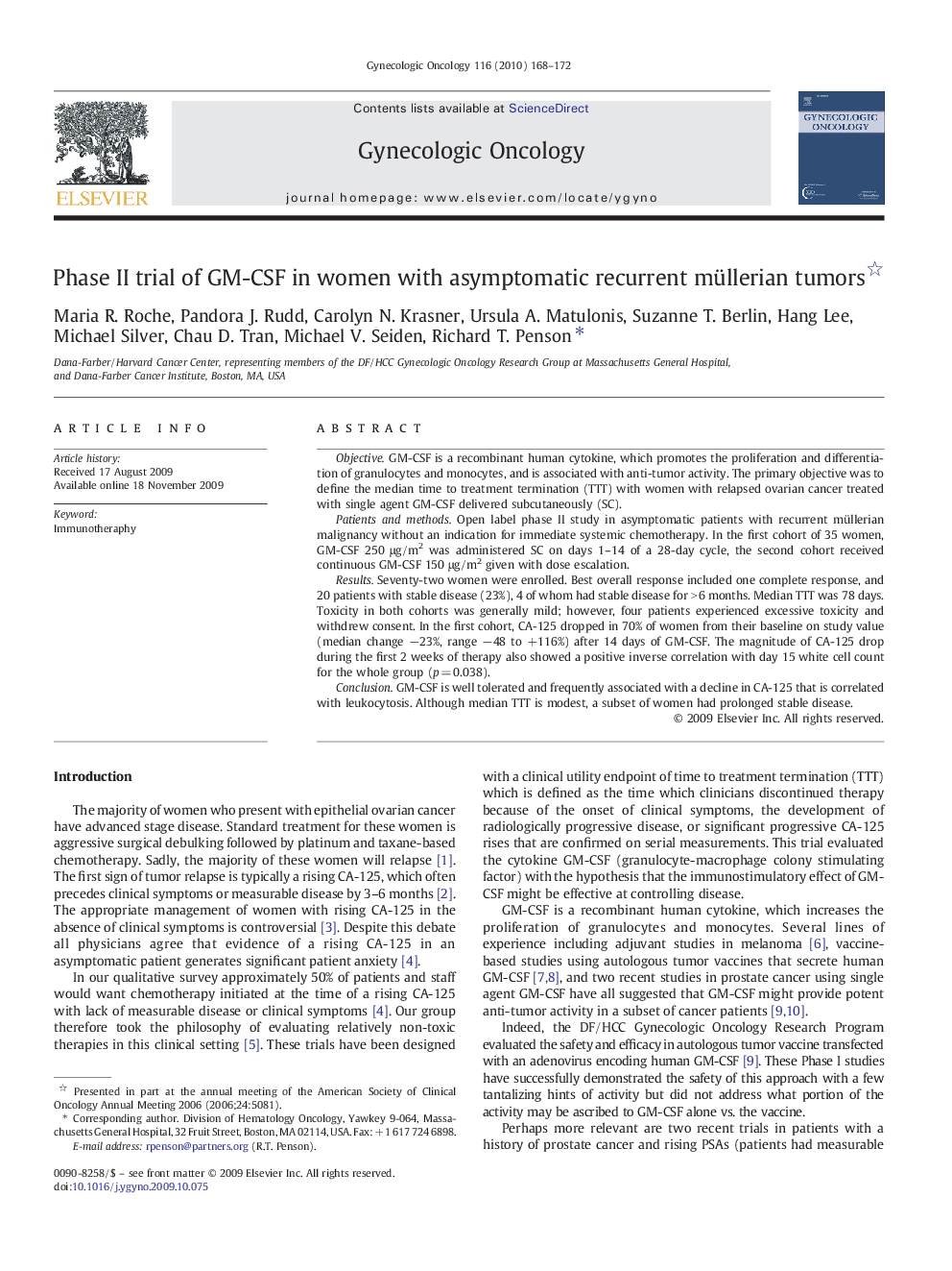 Phase II trial of GM-CSF in women with asymptomatic recurrent müllerian tumors 