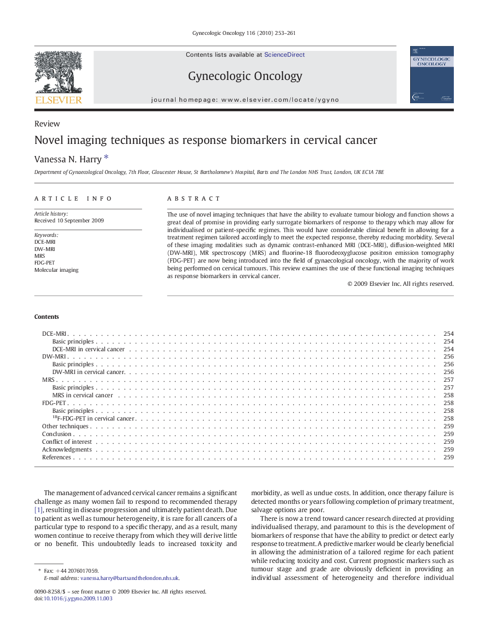 Novel imaging techniques as response biomarkers in cervical cancer