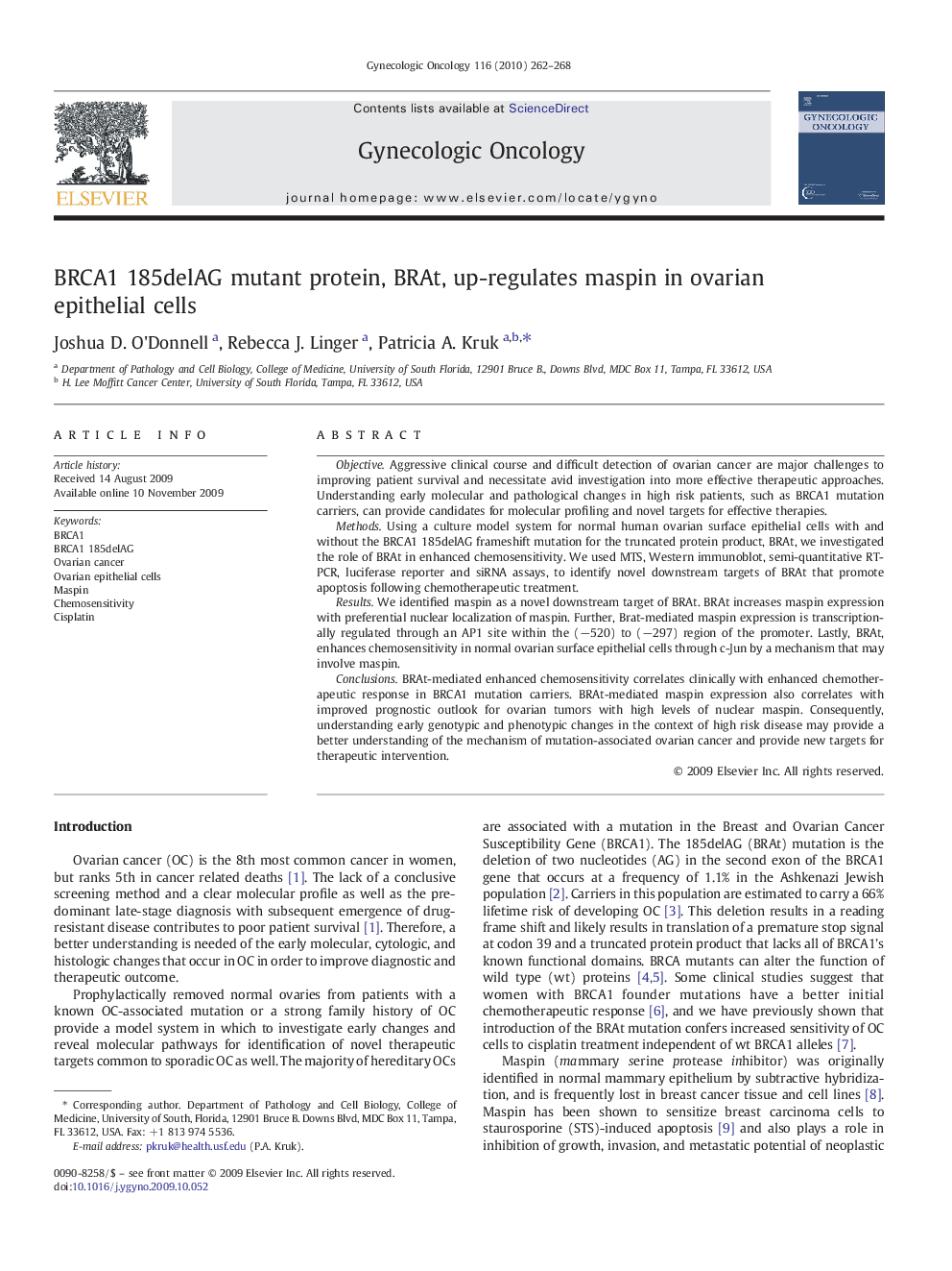 BRCA1 185delAG mutant protein, BRAt, up-regulates maspin in ovarian epithelial cells