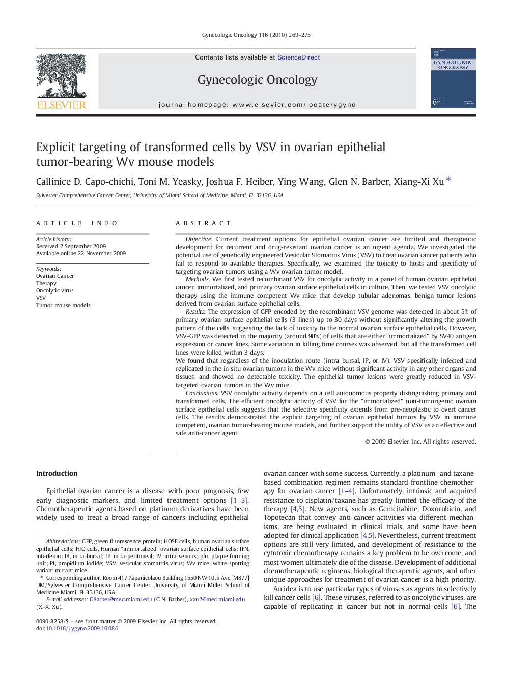 Explicit targeting of transformed cells by VSV in ovarian epithelial tumor-bearing Wv mouse models