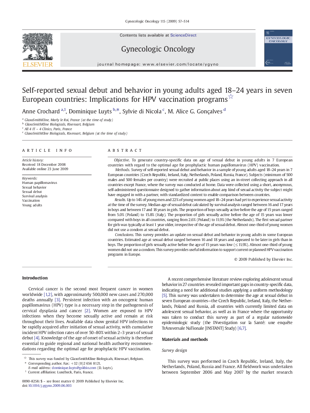 Self-reported sexual debut and behavior in young adults aged 18–24 years in seven European countries: Implications for HPV vaccination programs 