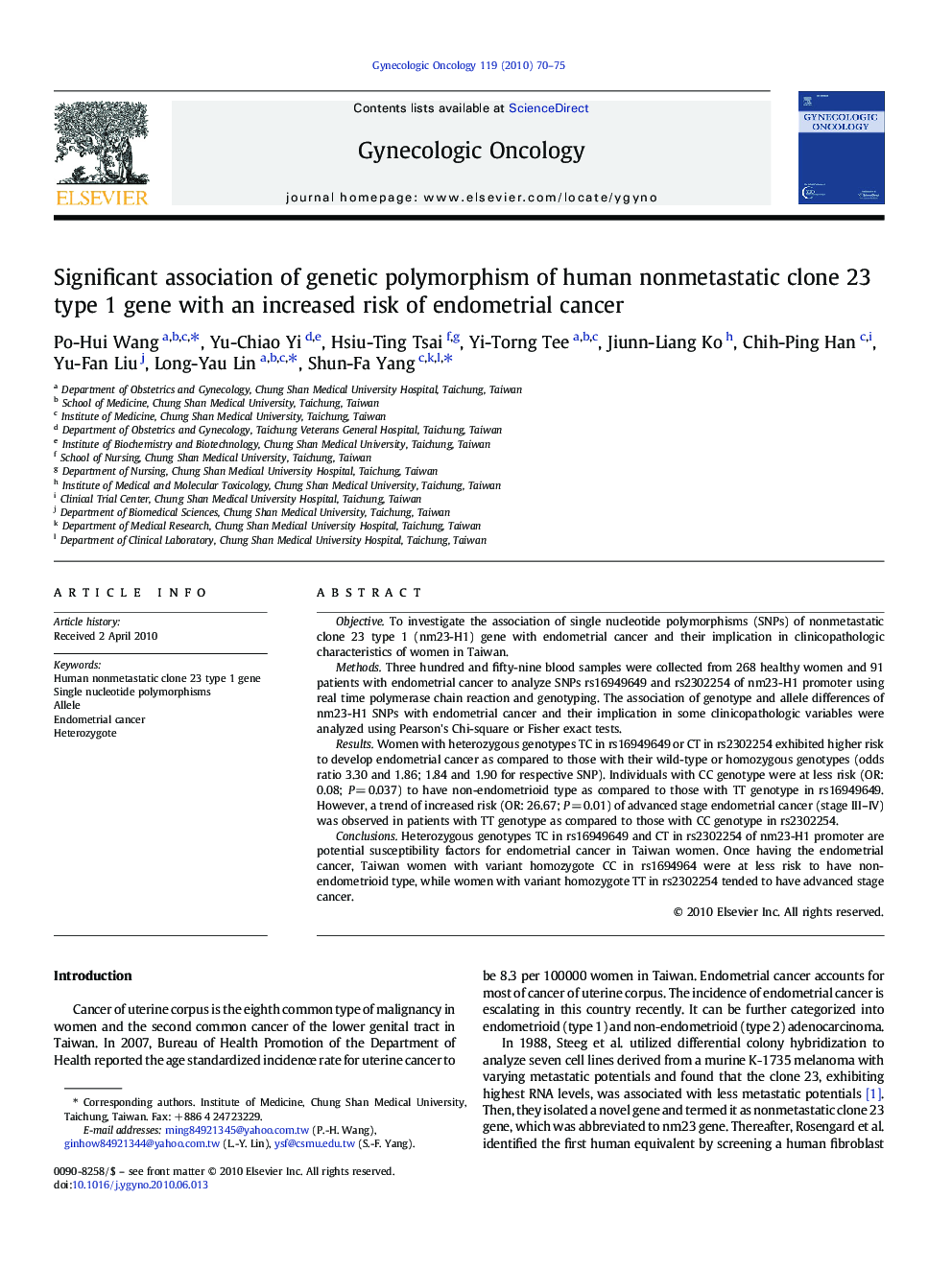 Significant association of genetic polymorphism of human nonmetastatic clone 23 type 1 gene with an increased risk of endometrial cancer