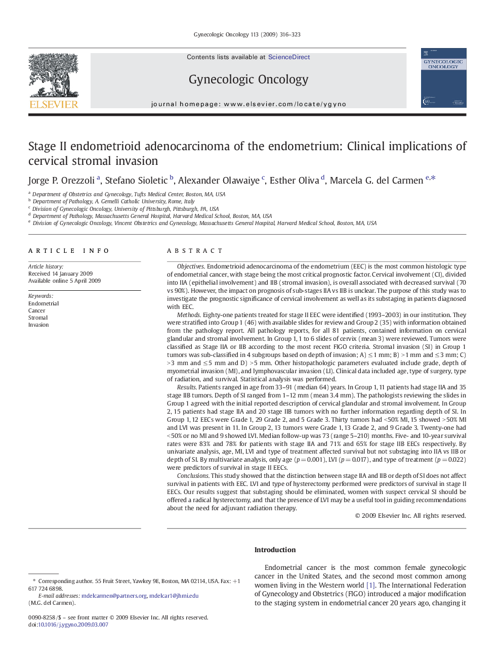 Stage II endometrioid adenocarcinoma of the endometrium: Clinical implications of cervical stromal invasion