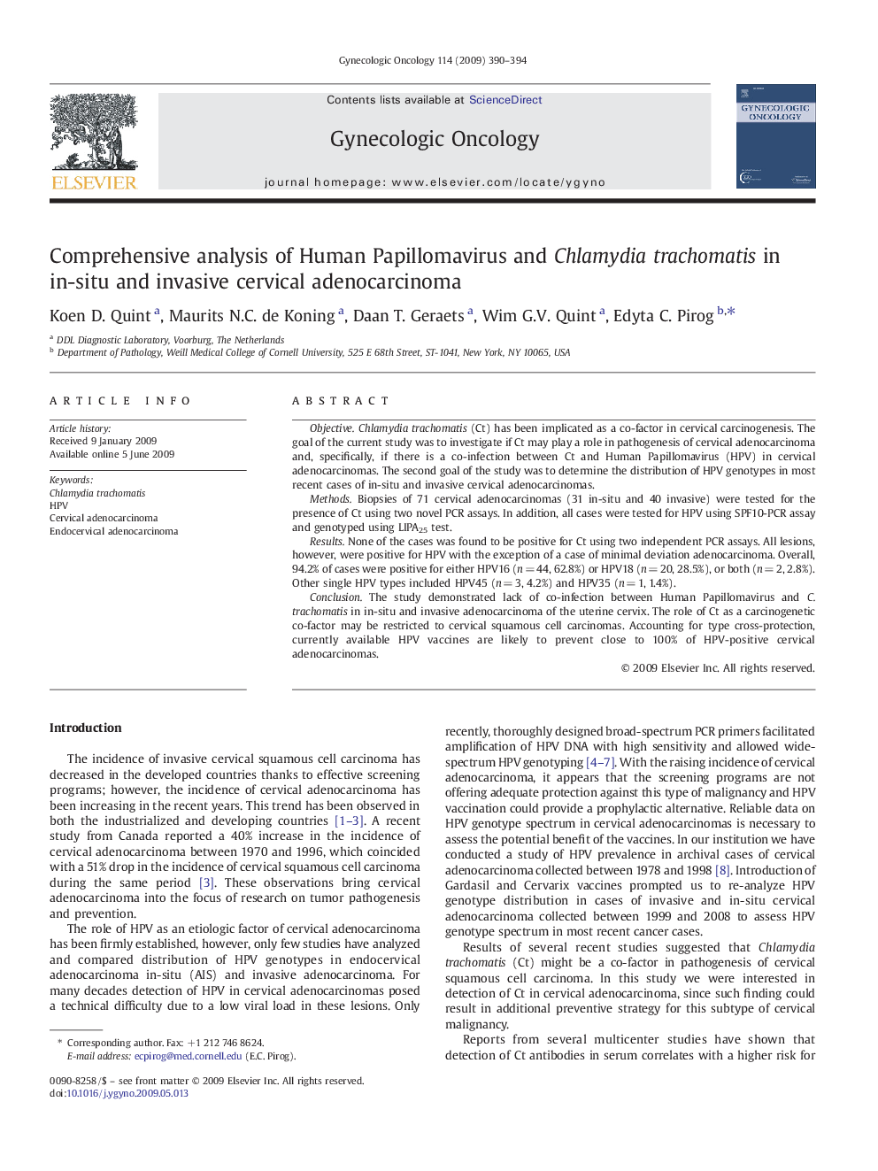 Comprehensive analysis of Human Papillomavirus and Chlamydia trachomatis in in-situ and invasive cervical adenocarcinoma