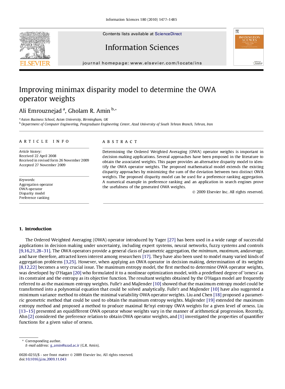 Improving minimax disparity model to determine the OWA operator weights