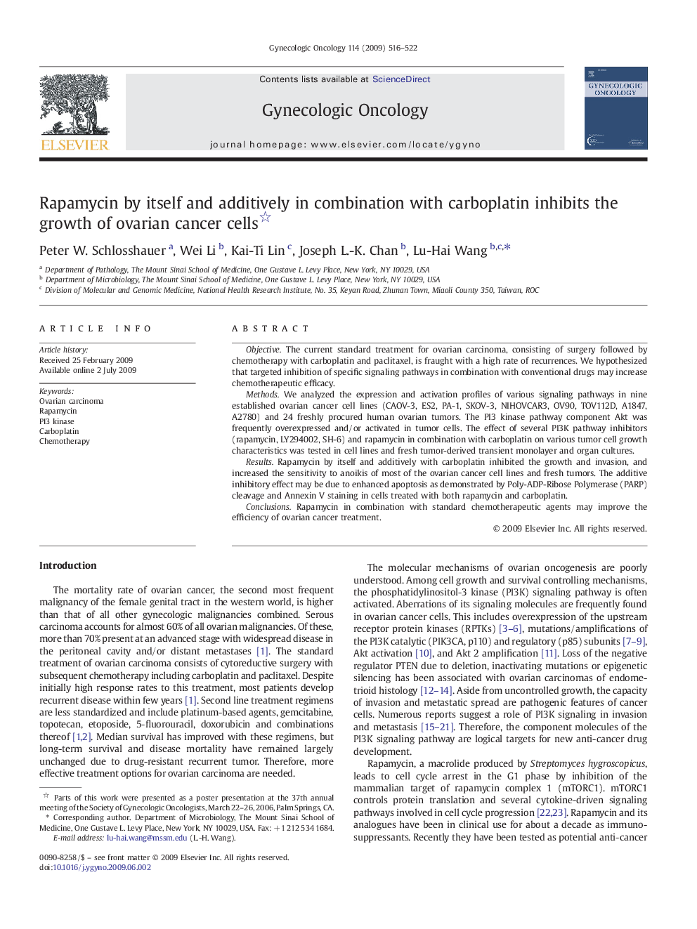 Rapamycin by itself and additively in combination with carboplatin inhibits the growth of ovarian cancer cells 