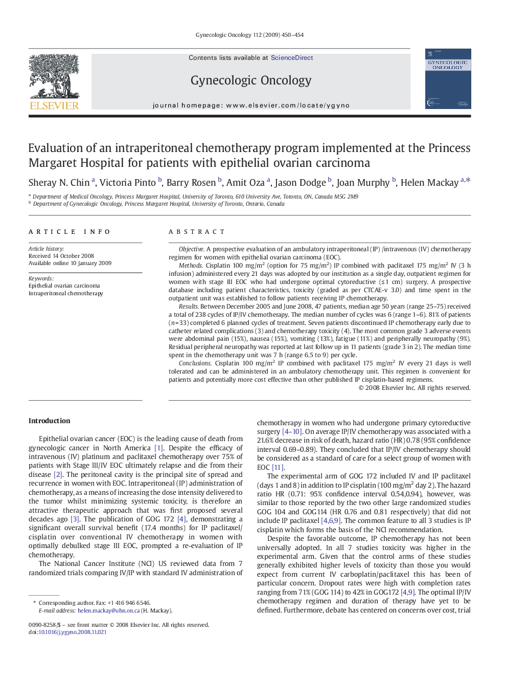 Evaluation of an intraperitoneal chemotherapy program implemented at the Princess Margaret Hospital for patients with epithelial ovarian carcinoma