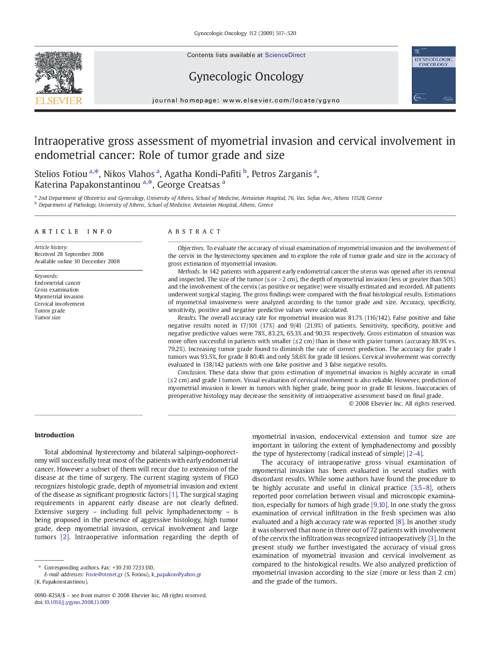 Intraoperative gross assessment of myometrial invasion and cervical involvement in endometrial cancer: Role of tumor grade and size