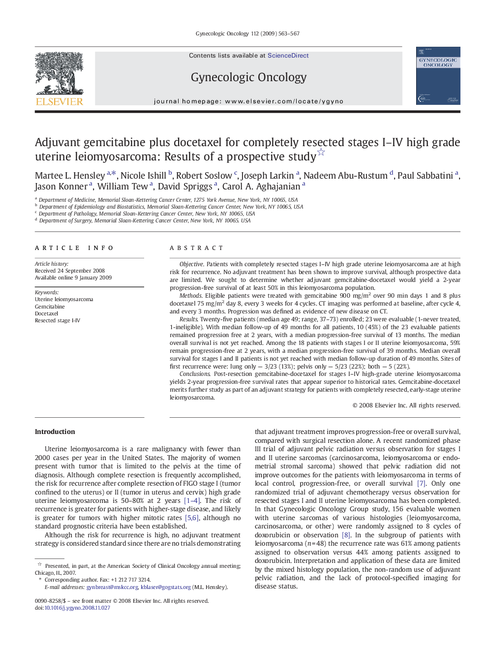 Adjuvant gemcitabine plus docetaxel for completely resected stages I–IV high grade uterine leiomyosarcoma: Results of a prospective study 