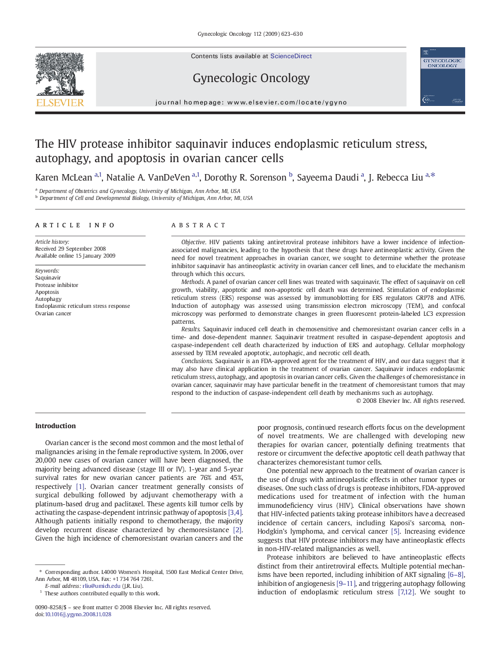 The HIV protease inhibitor saquinavir induces endoplasmic reticulum stress, autophagy, and apoptosis in ovarian cancer cells