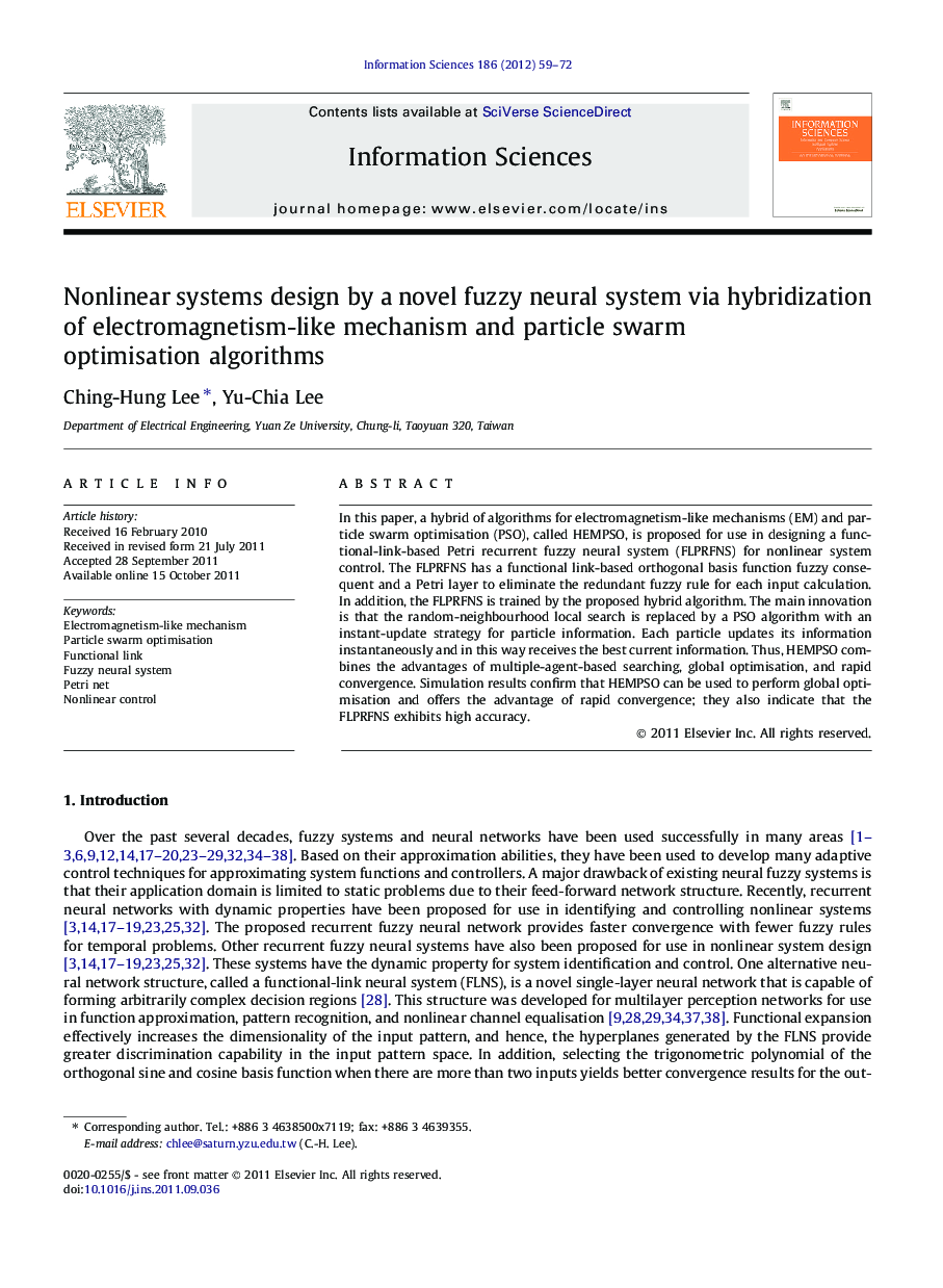 Nonlinear systems design by a novel fuzzy neural system via hybridization of electromagnetism-like mechanism and particle swarm optimisation algorithms