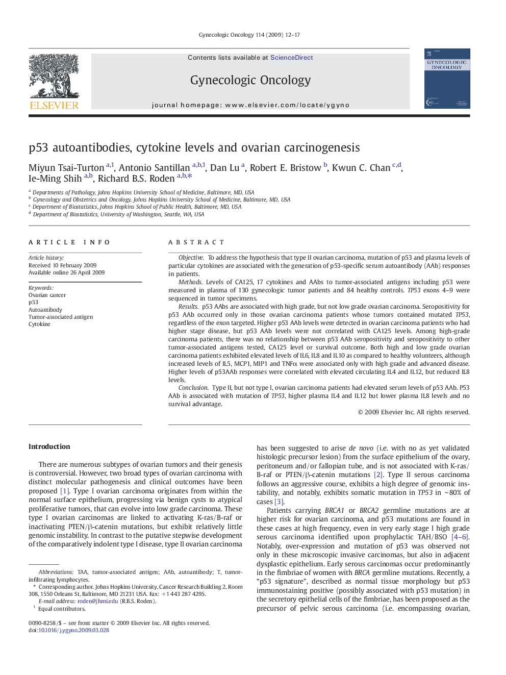 p53 autoantibodies, cytokine levels and ovarian carcinogenesis