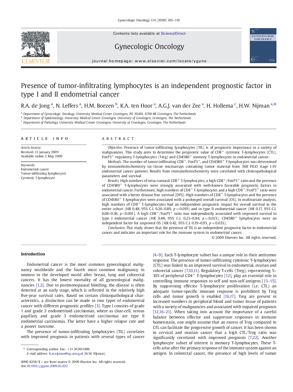 Presence of tumor-infiltrating lymphocytes is an independent prognostic factor in type I and II endometrial cancer