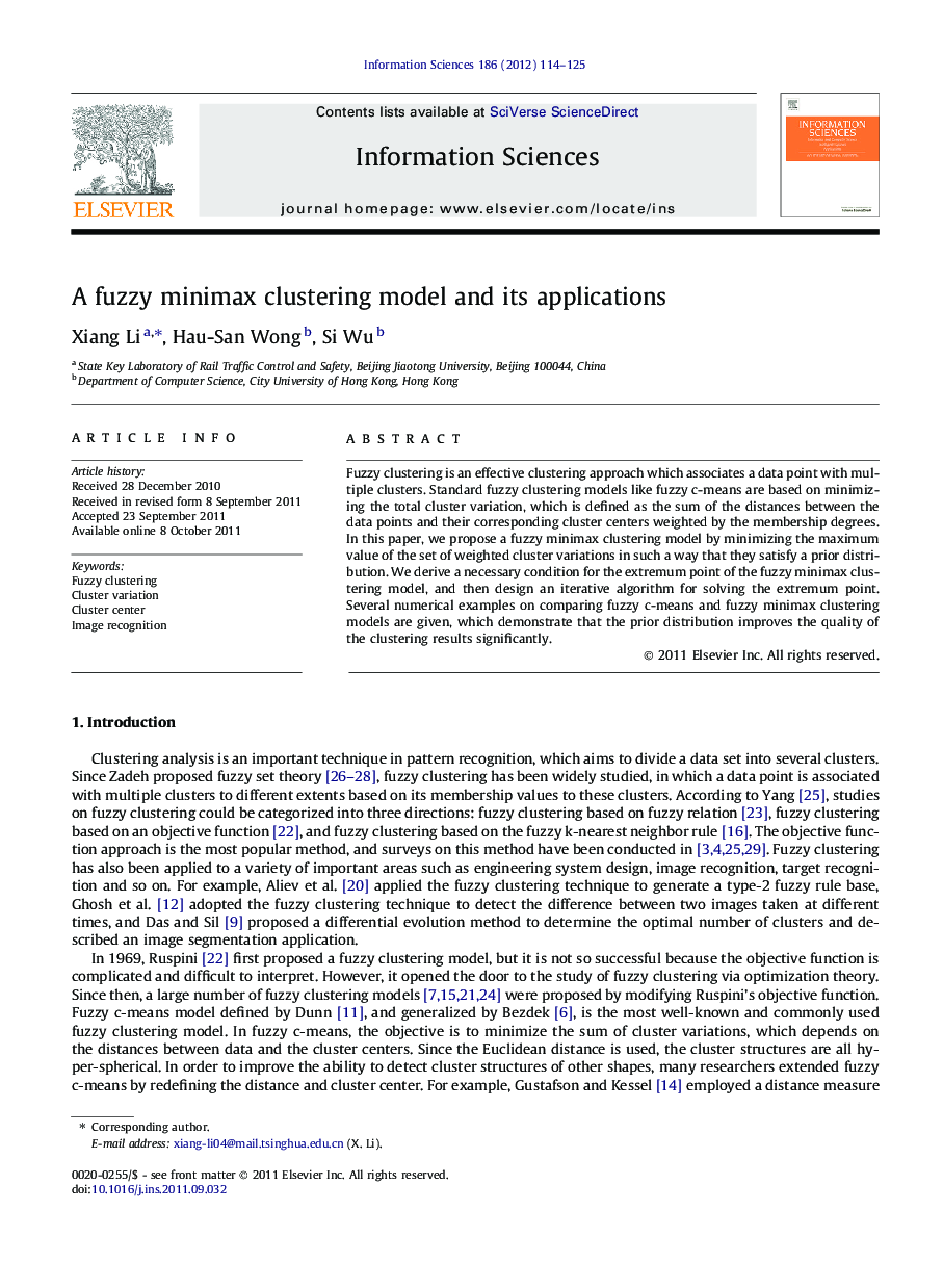 A fuzzy minimax clustering model and its applications