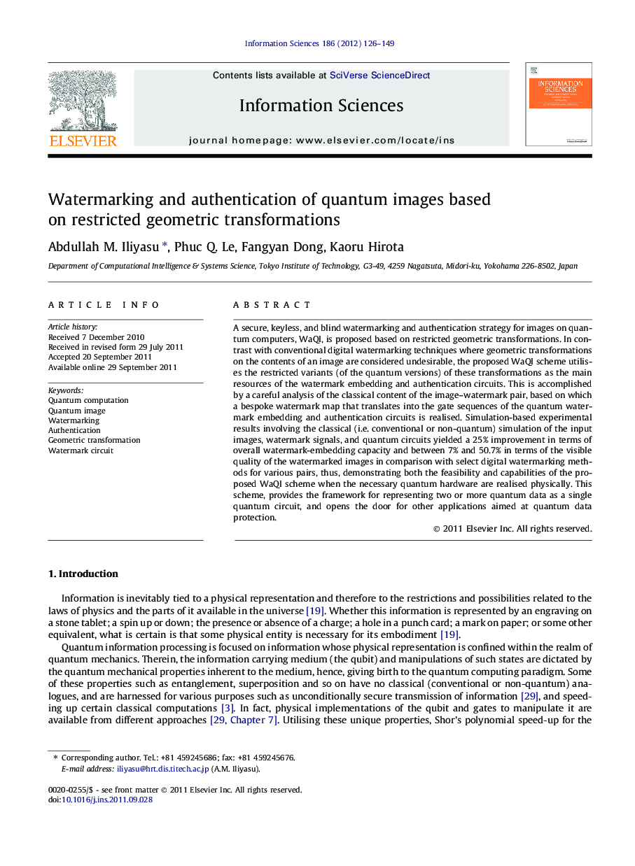 Watermarking and authentication of quantum images based on restricted geometric transformations