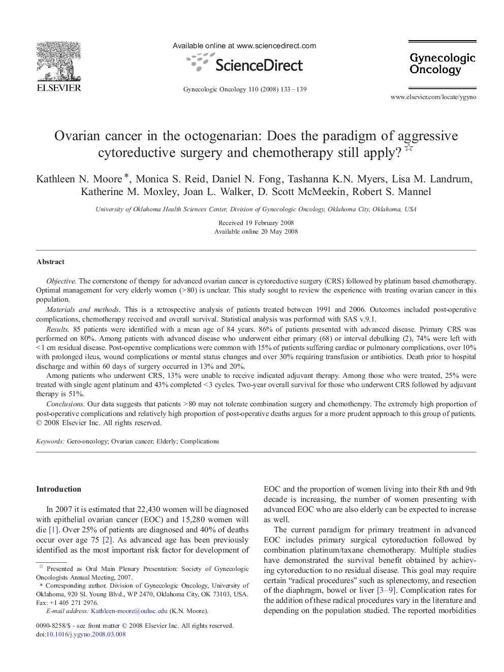 Ovarian cancer in the octogenarian: Does the paradigm of aggressive cytoreductive surgery and chemotherapy still apply? 