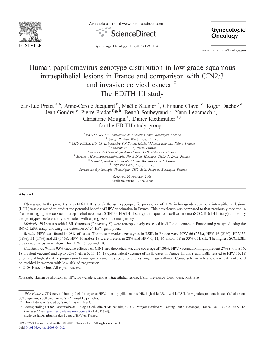 Human papillomavirus genotype distribution in low-grade squamous intraepithelial lesions in France and comparison with CIN2/3 and invasive cervical cancer : The EDiTH III study